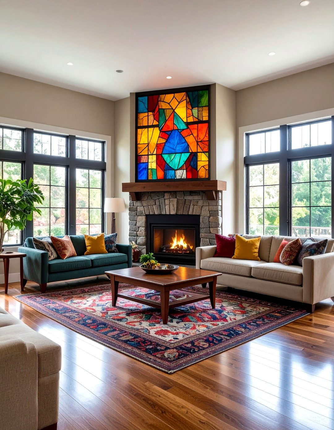 Stained Glass Accent Fireplace - 24 Craftsman-style Fireplace Ideas