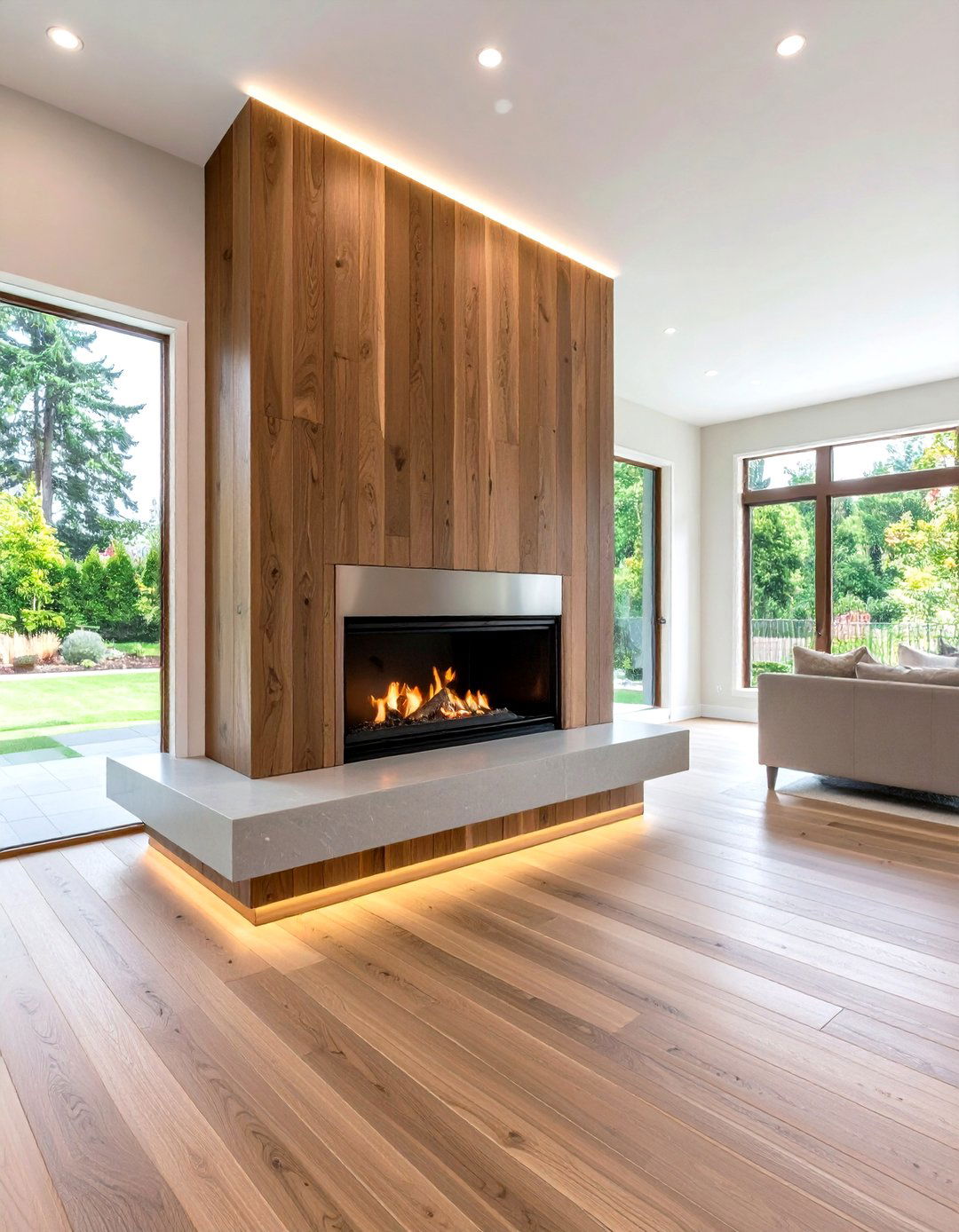 Stained Wood Plank Vertical Installation - 24 Two-story Fireplace Ideas