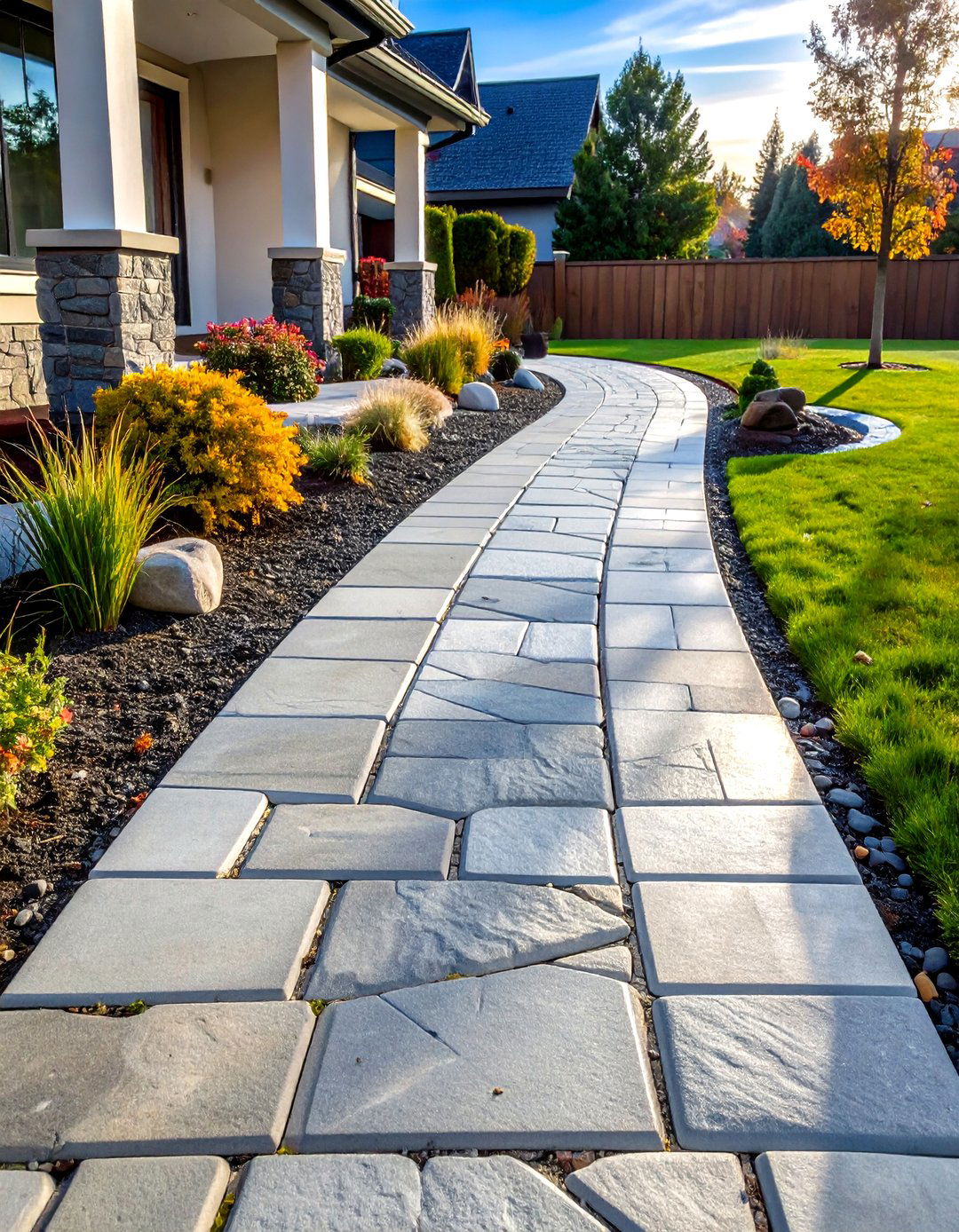 Stamped Cobblestone Walkway with Aged Patina - 24 Concrete Walkway Ideas