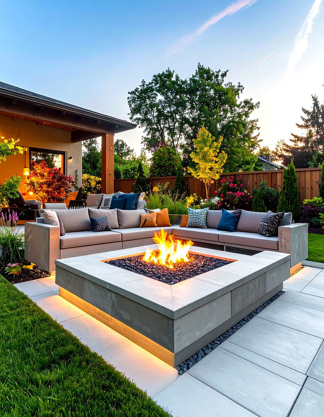 Stamped Concrete Fire Pit with Built in Storage Solutions - 24 stamped concrete patio with fire pit ideas