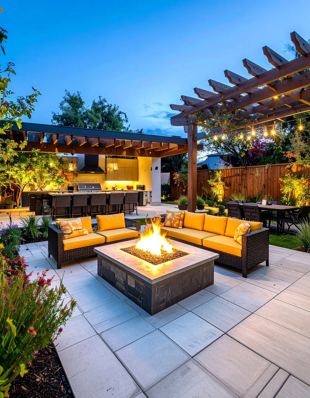 Stamped Concrete Patio with Fire Pit and Outdoor Kitchen - 24 stamped concrete patio with fire pit ideas