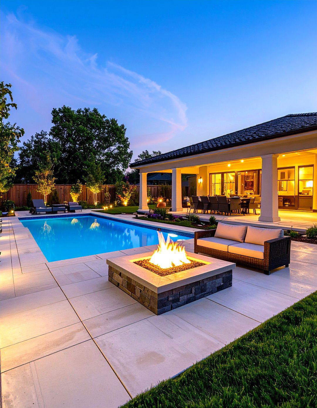 Stamped Concrete Pool Deck with Adjacent Fire Pit Area - 24 stamped concrete patio with fire pit ideas