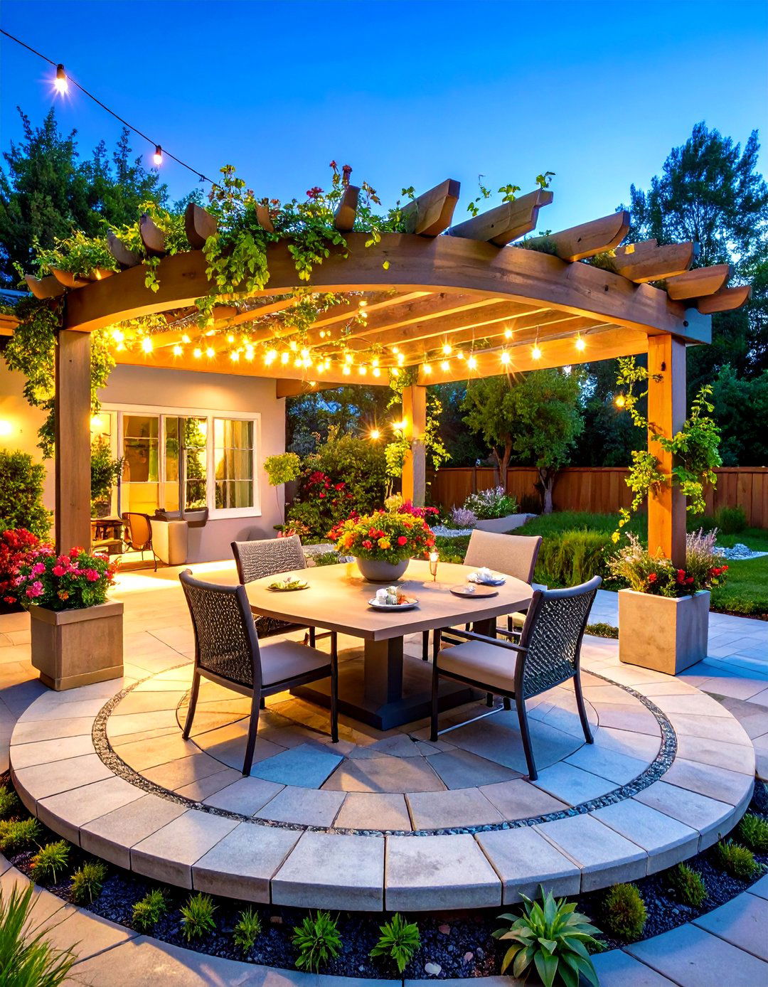 Stamped Concrete Semi Circle Patio with Pergola Overhead - 24 Semi Circle Patio Ideas and Inspiration