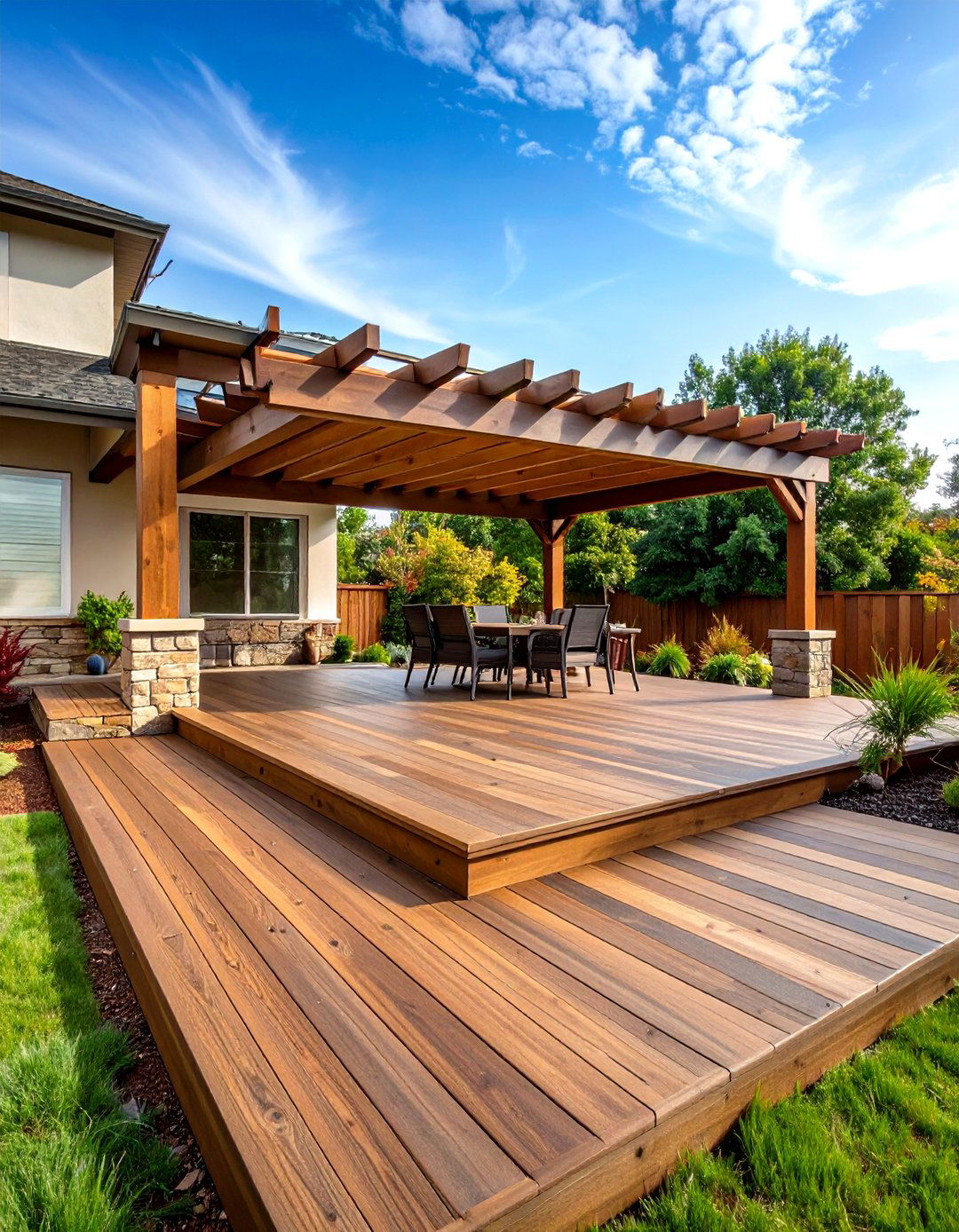 Stamped Concrete Wood Plank Patio with Pergola - 24 Raised Concrete Patio Ideas