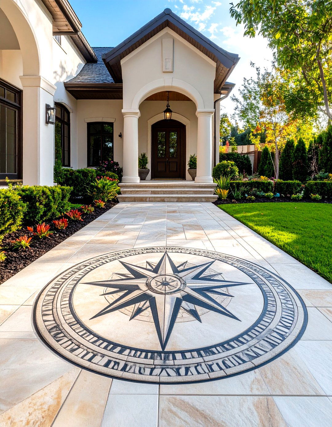 Stamped Concrete with Compass Medallions - 24 Concrete Walkway Ideas