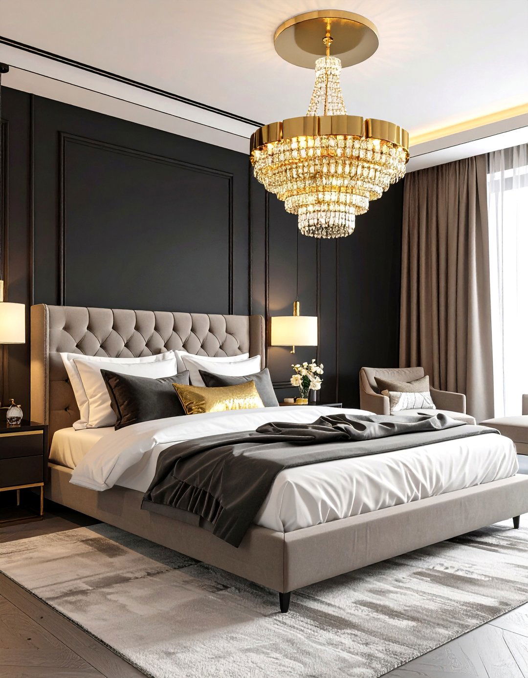 Statement Gold Chandelier in Black Bedroom Design - 24 Black and Gold Bedroom Ideas