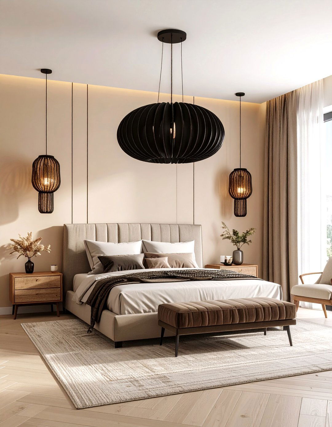 Statement Lighting Black and Beige Bedroom Drama - 24 Black and Beige Bedroom Design Ideas