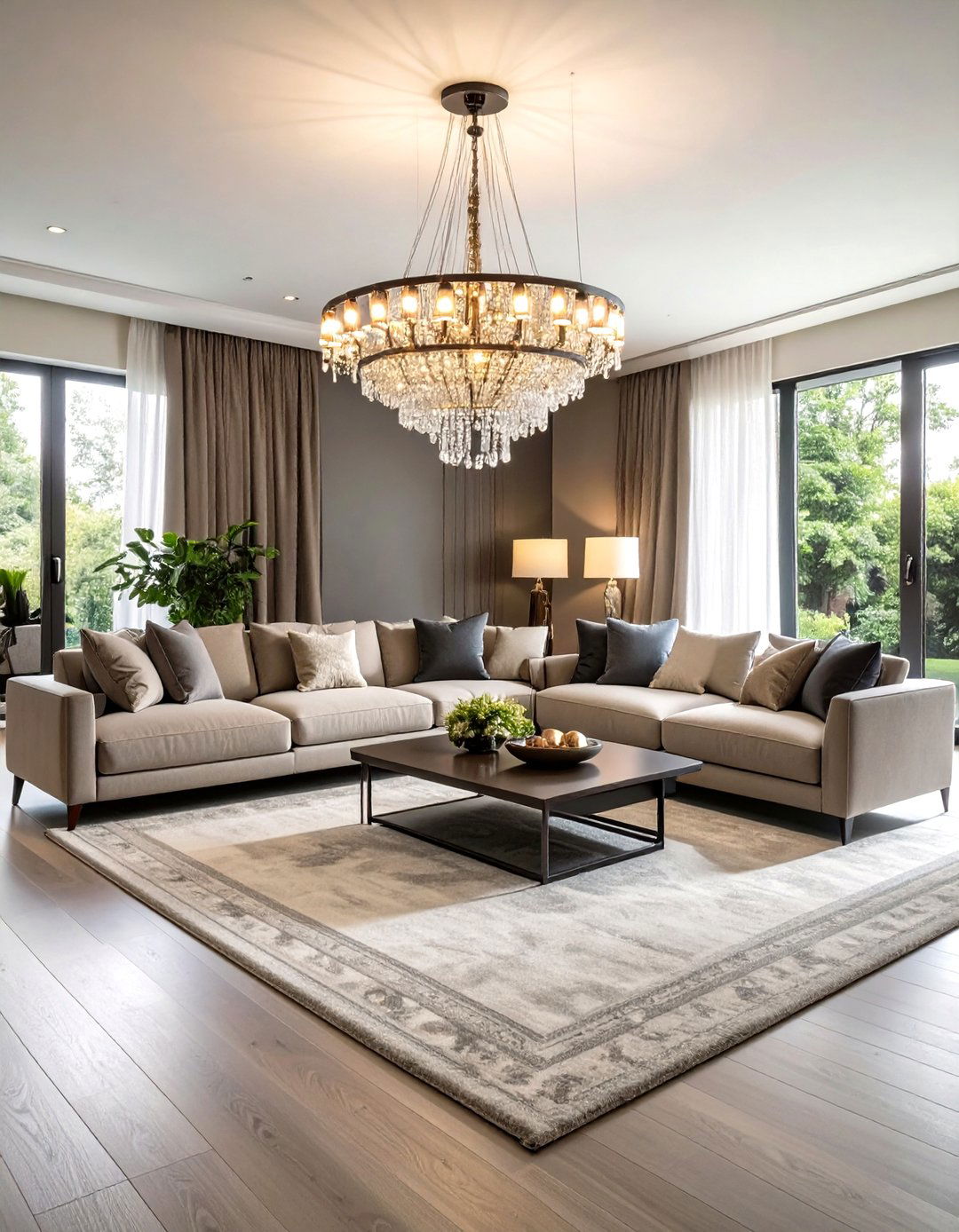 Statement Lighting Greige Drama - 24 Greige Living Room Ideas