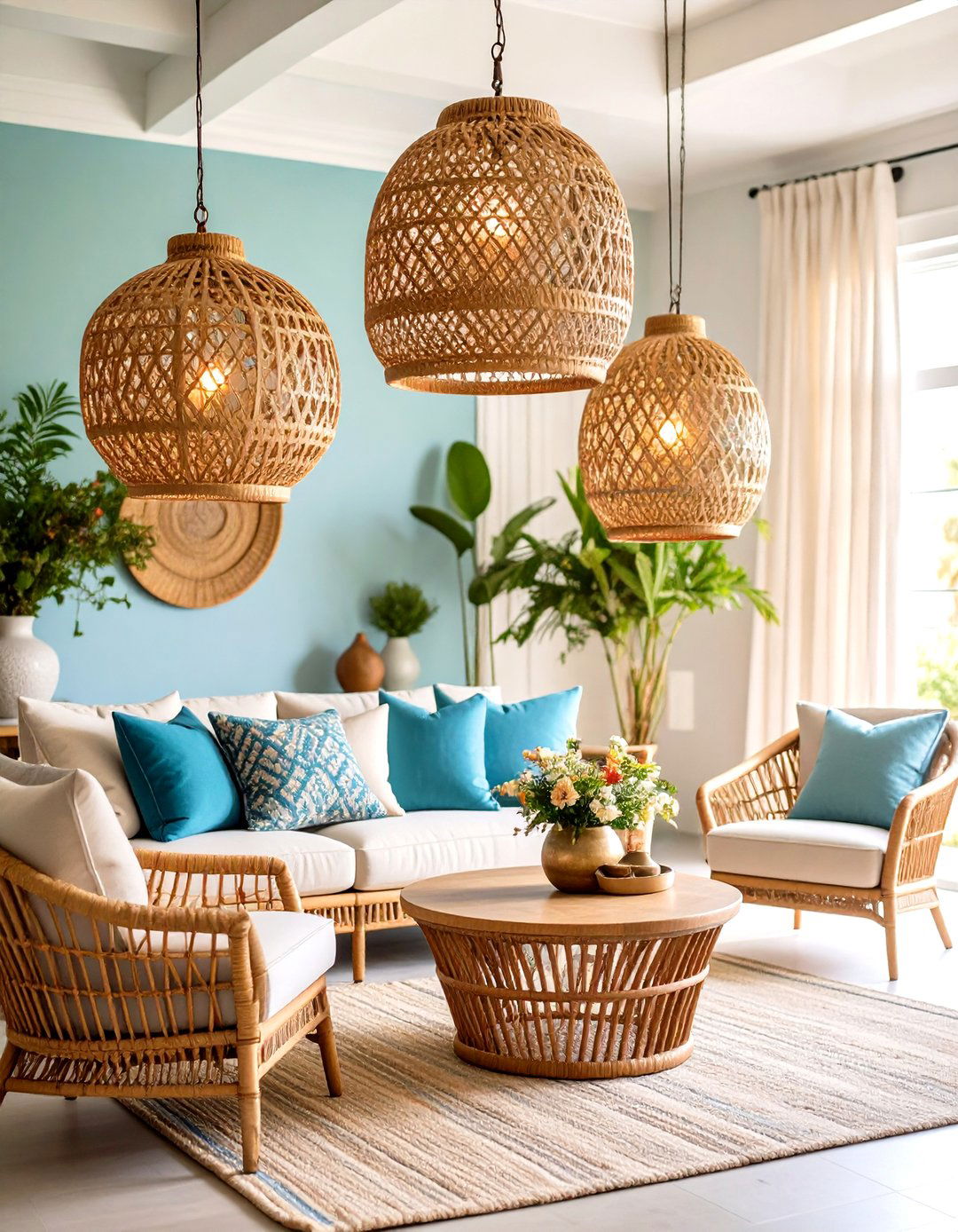 Statement Pendant Lighting Features - 24 Hamptons Living Room Ideas