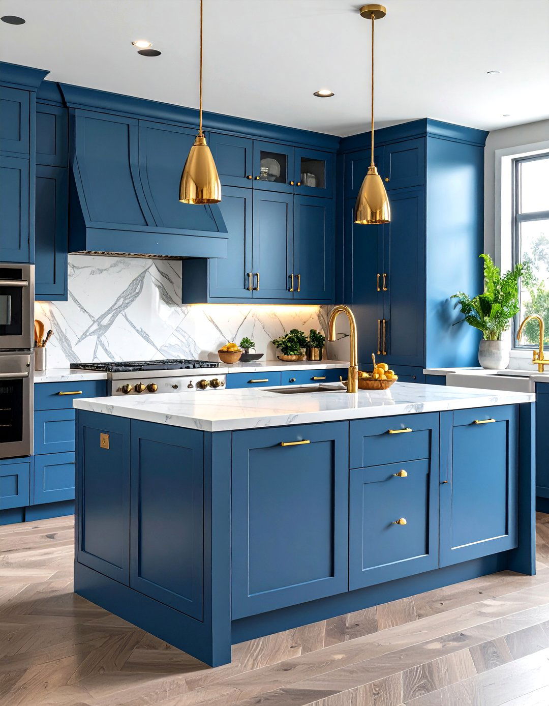 Steel Blue Cabinets with White Quartz and Gold Hardware - 24 Blue and White Kitchen Ideas
