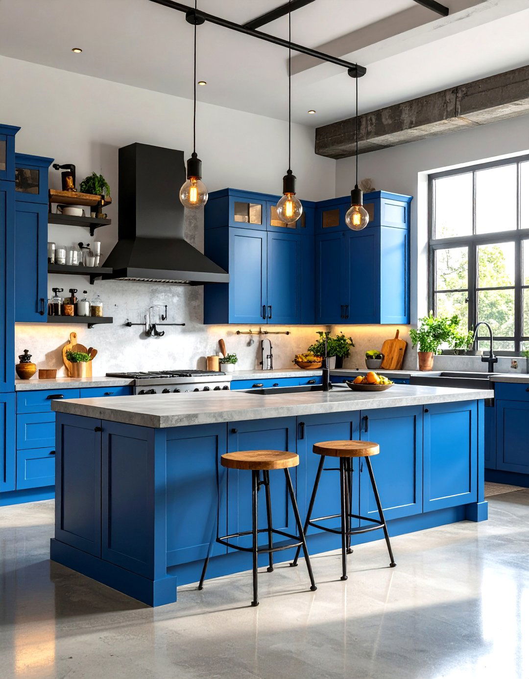Steel Blue Industrial Cabinets with Black Accents - 24 Light Blue Kitchen Cabinets Ideas