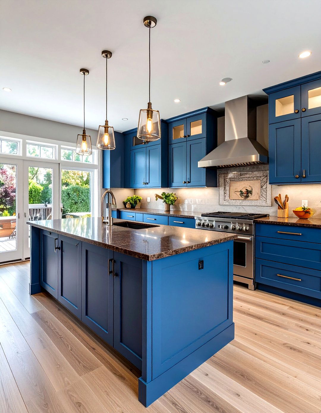 Steel Blue Modern Cabinets with Chocolate Brown Granite - 24 blue kitchen cabinets with brown granite countertops