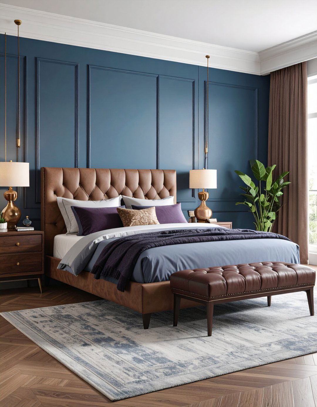 Steel Blue Walls with Burgundy Purple Accents - 24 Blue and Purple Bedroom Ideas