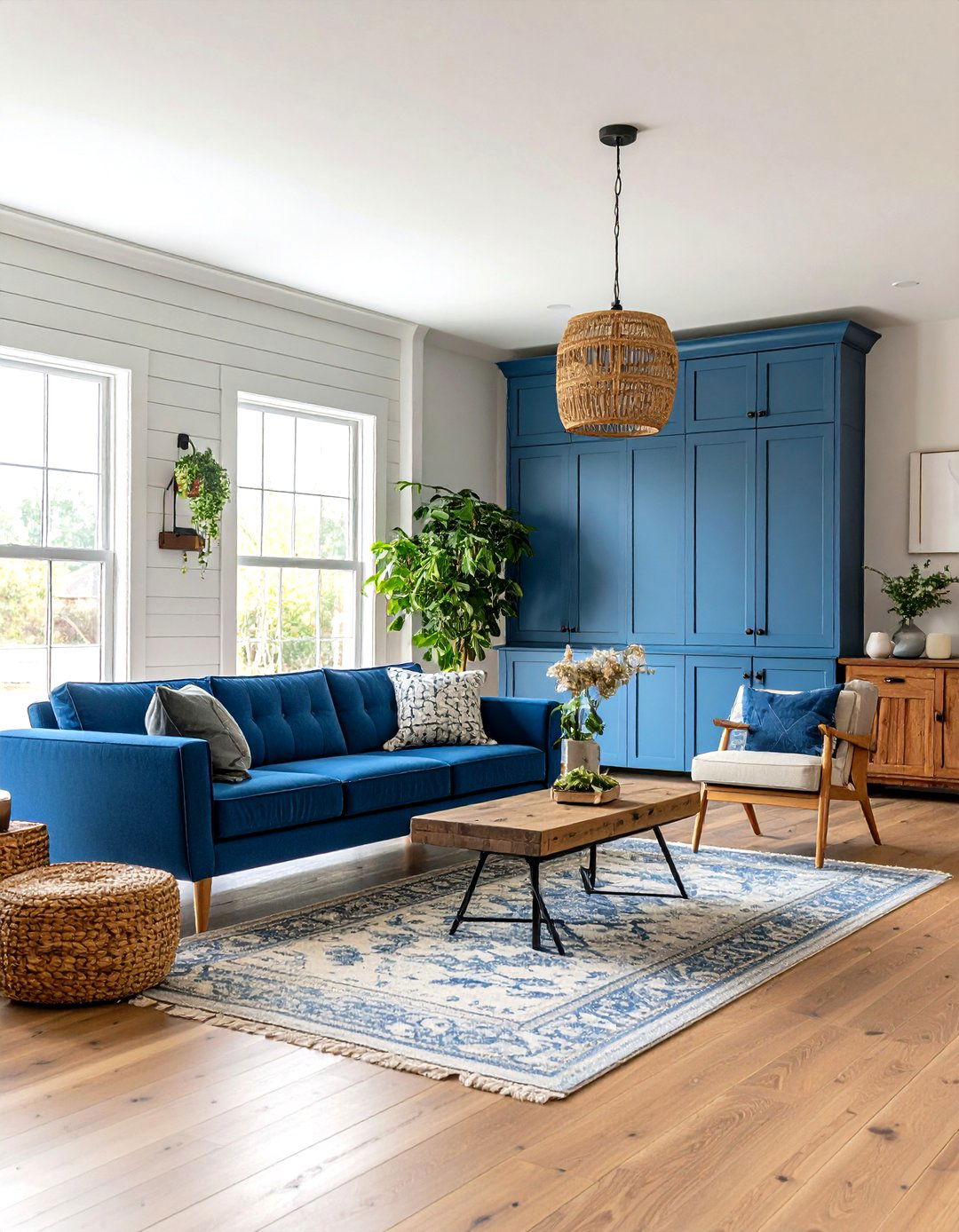Steel Blue and Pale Yellow Modern Farmhouse - 24 Yellow and Blue Living Room Ideas