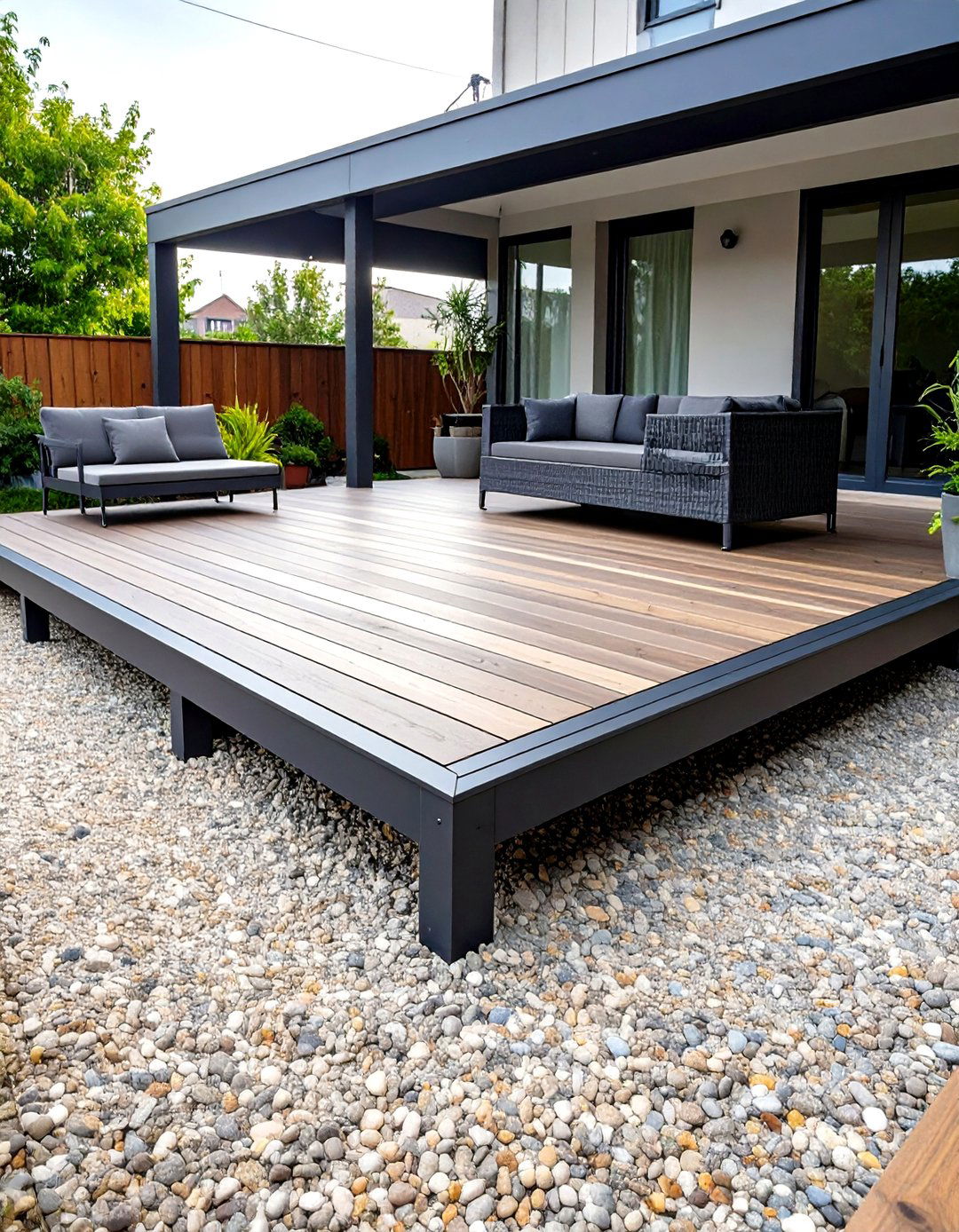 Steel Frame Deck with Concrete Aggregate Patio - 24 Deck and Patio Combination Ideas