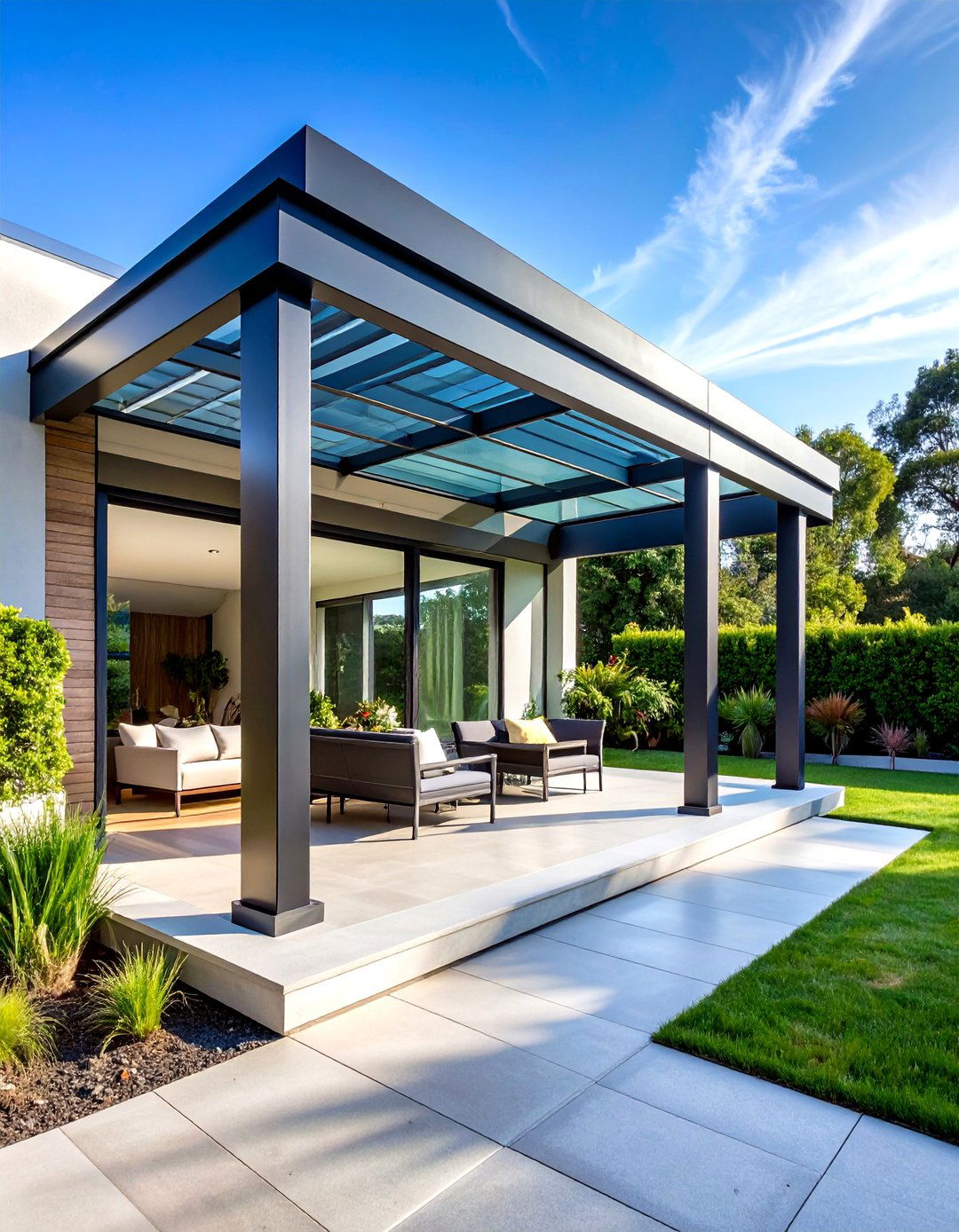 Steel Frame Front Porch Pergola with Glass Panels - 24 Front Porch Pergola Ideas