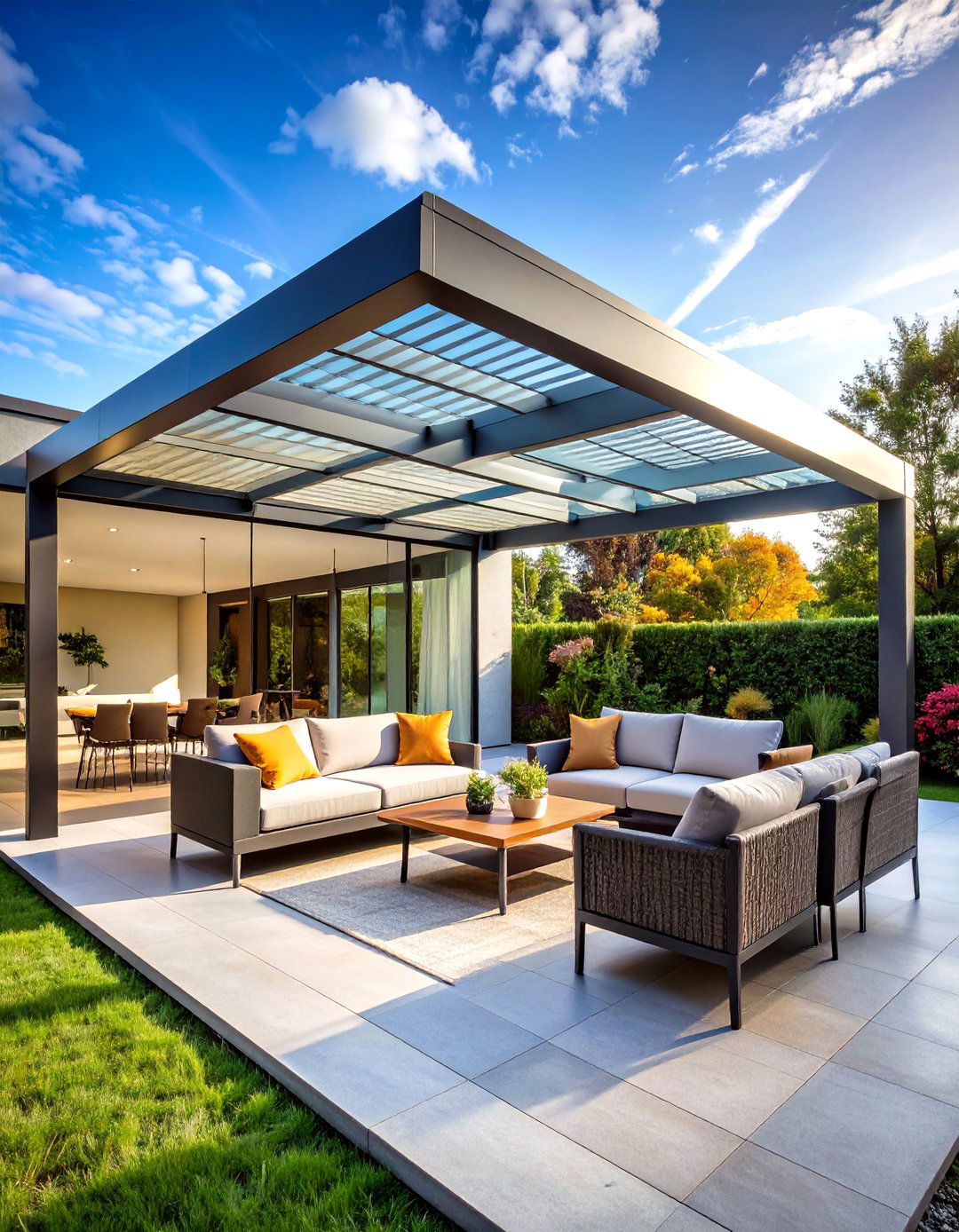 Steel Frame Pergola with Glass Panels - 24 Covered Patio Ideas
