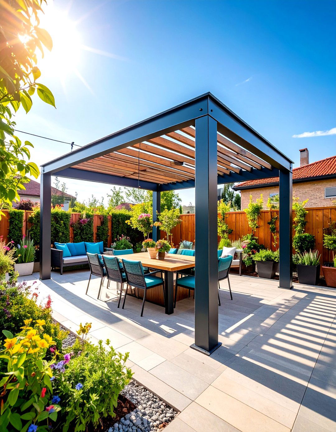 Steel Frame Pergola with Industrial Style - 24 Small Patio Pergola Ideas