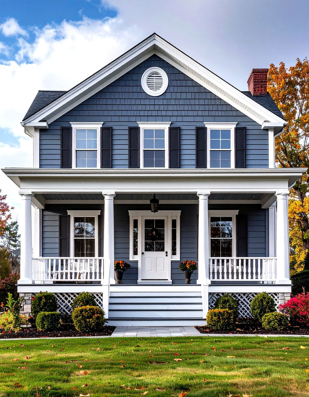 Steel Gray Exterior with White Columns - 24 Gray Exterior House Paint Ideas