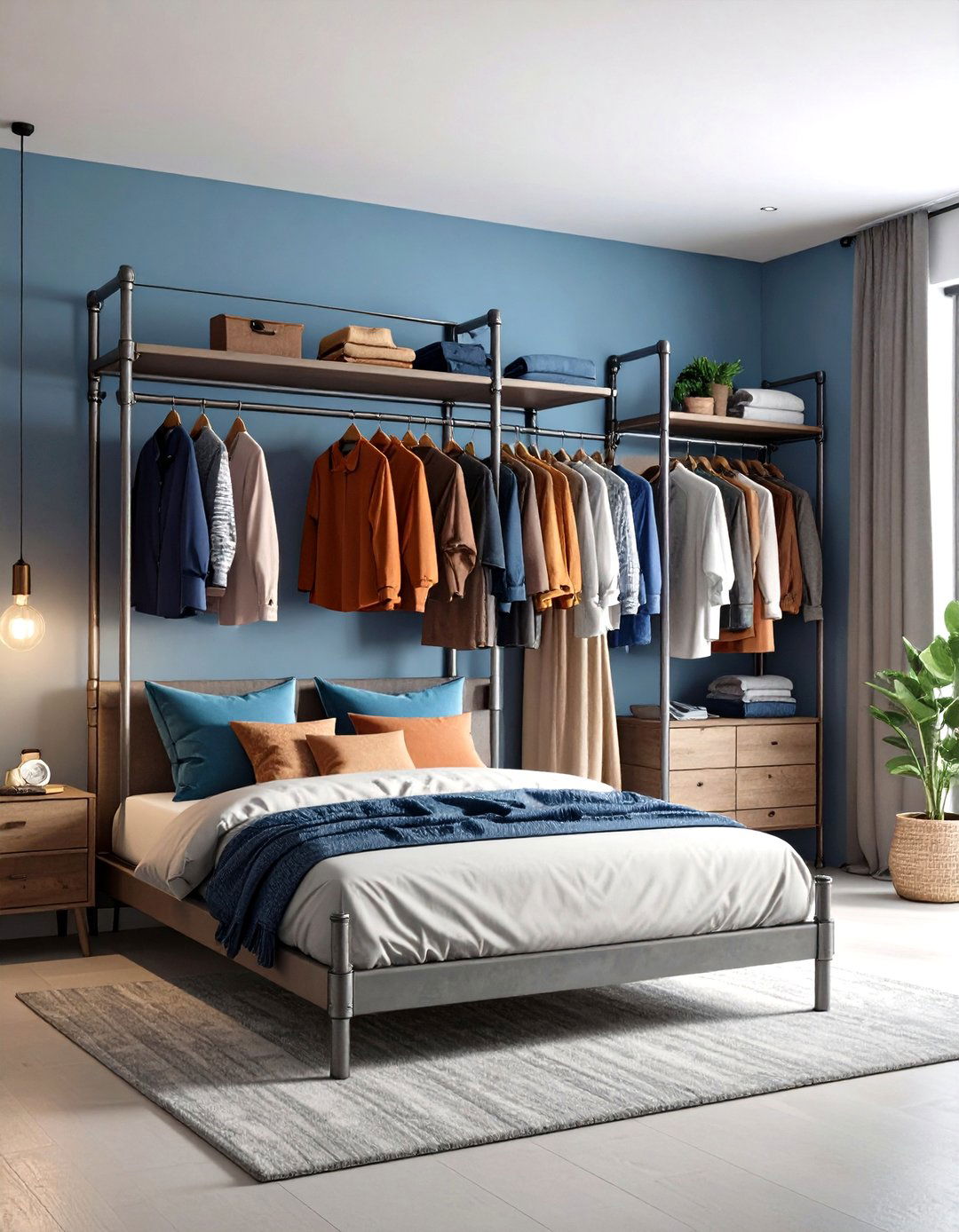 Steel Pipe Clothing Rack - 24 Industrial Bedroom Ideas
