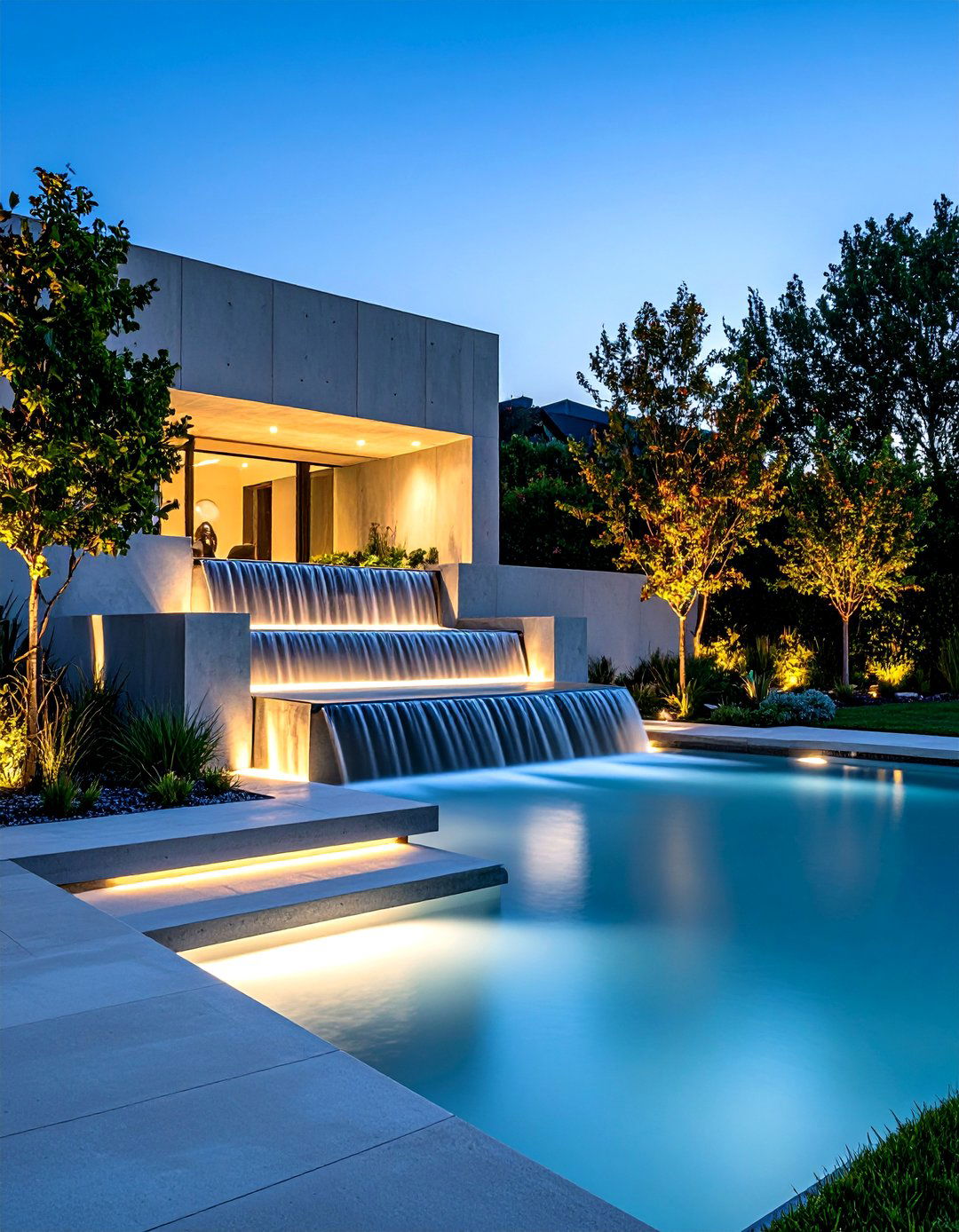 Stepped Concrete Modern Waterfall - 24 Backyard Waterfall Ideas
