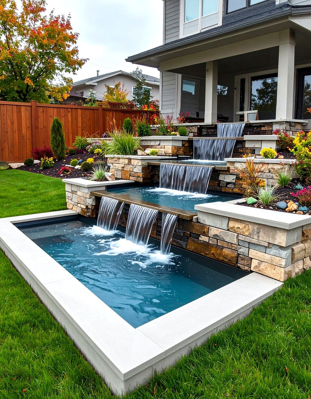 Stepped Concrete Retaining Wall with Water Feature - 24 Retaining Wall Ideas for Sloped Backyard
