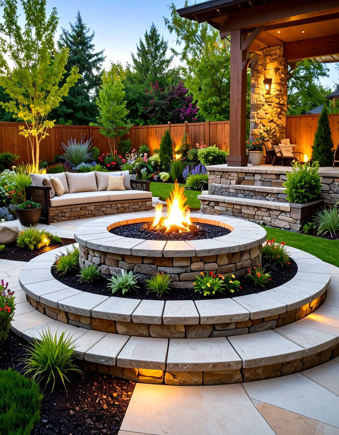 Stepped Stone Fire Pit With Planters - 24 Stone Fire Pit Ideas