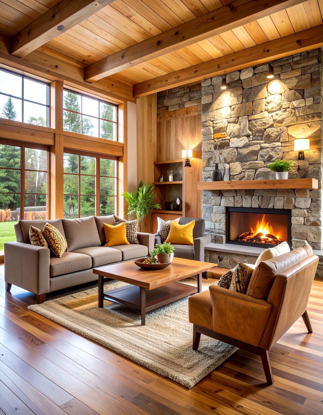 Stone Accent Wall Feature Design - 24 Cabin Living Room Ideas