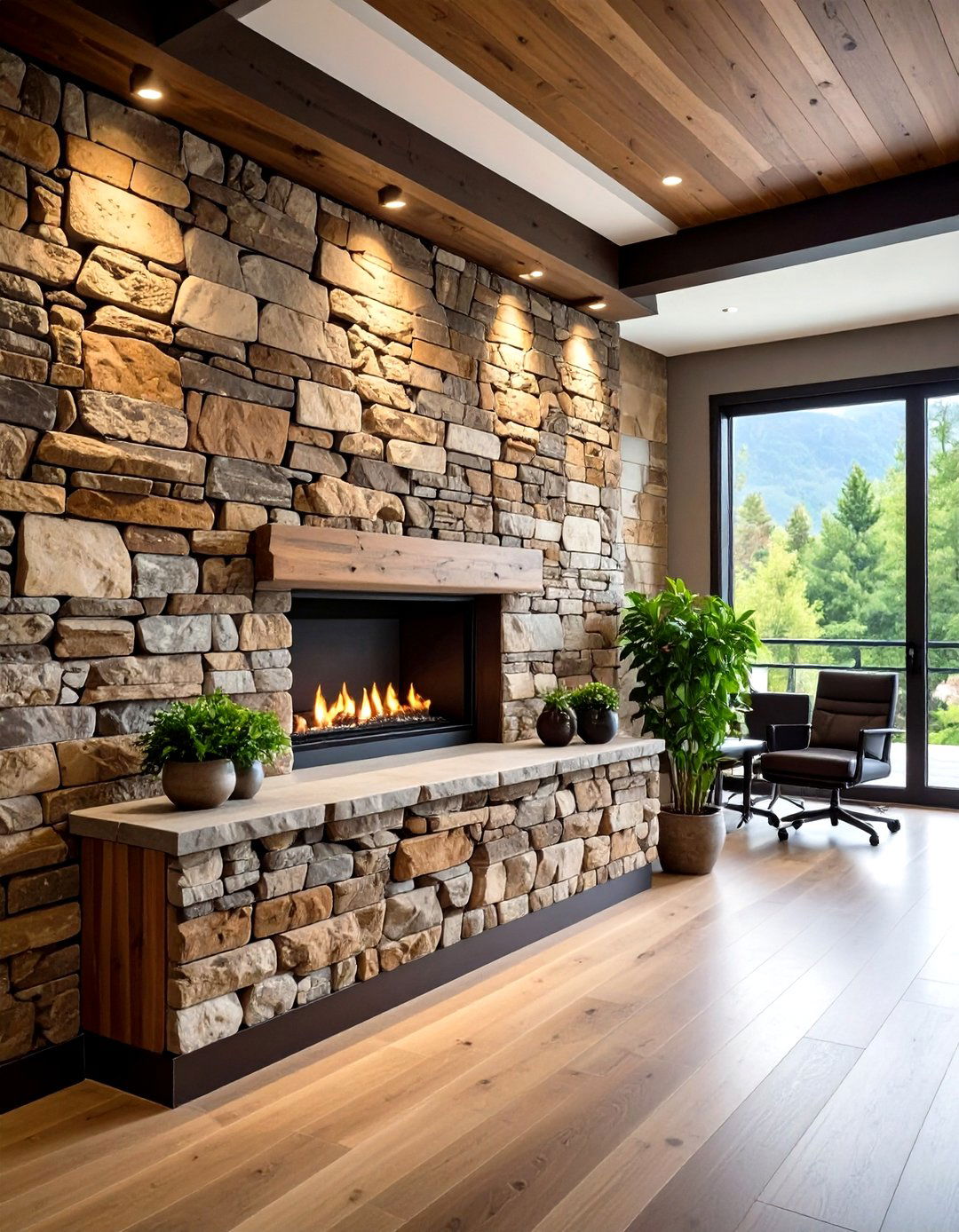 Stone Accent Wall Features - 24 Rustic Home Office Ideas