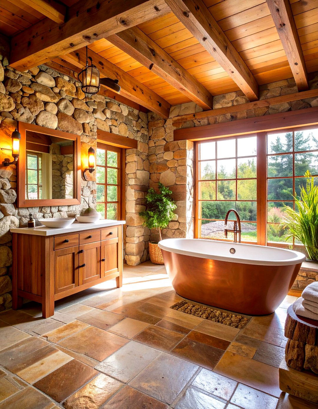 Stone Accented Rustic Bathroom with Natural Elements - 24 Rustic Decor Ideas