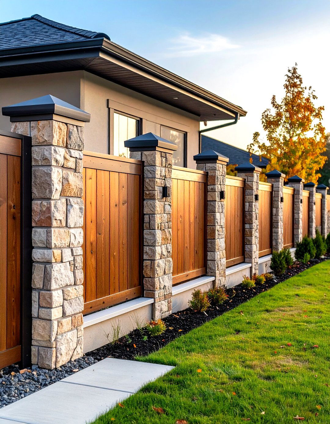 Stone And Wood Combination Corner Fence - 24 Corner Fence Ideas