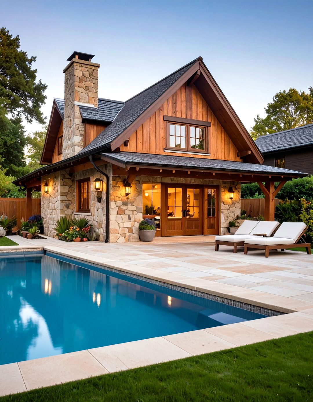 Stone Cottage Pool House with Thatched Roof Accent - 24 Rustic Pool House Ideas