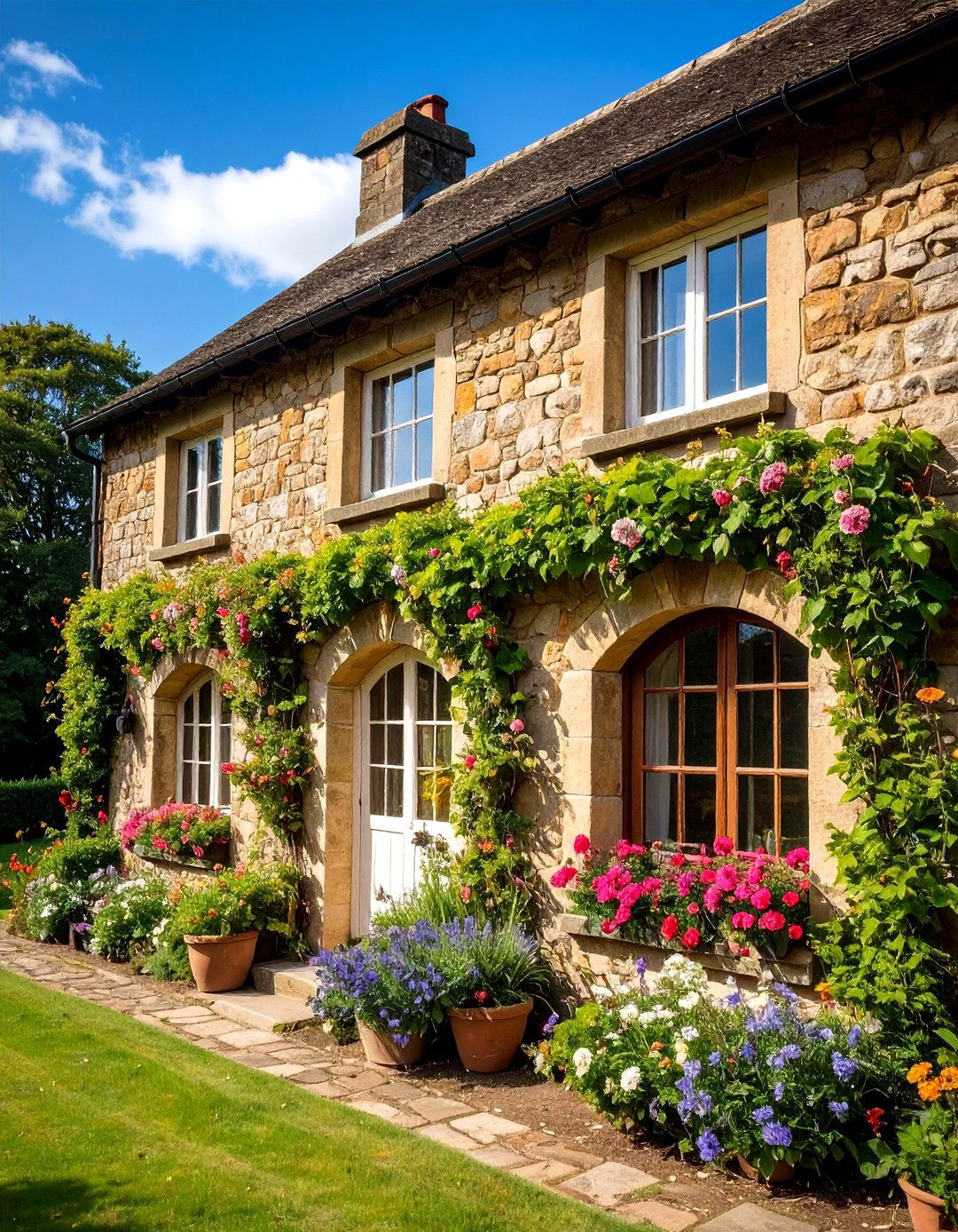 Stone Cottage with Arched Windows - 24 Cottagecore House Exterior Ideas