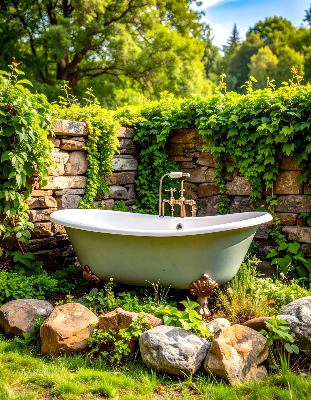 Stone Enclosed Clawfoot Tub Sanctuary - 24 Rustic Outdoor Bathroom Ideas
