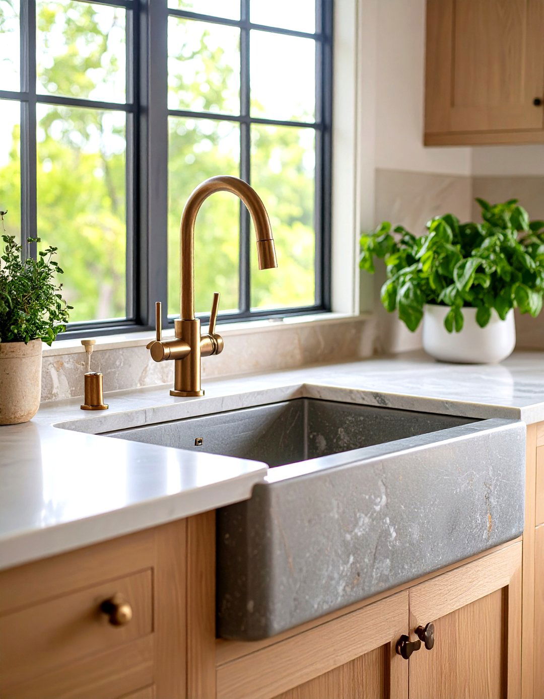 Stone Farmhouse Sink with Copper Details - 24 Tudor Kitchen Ideas