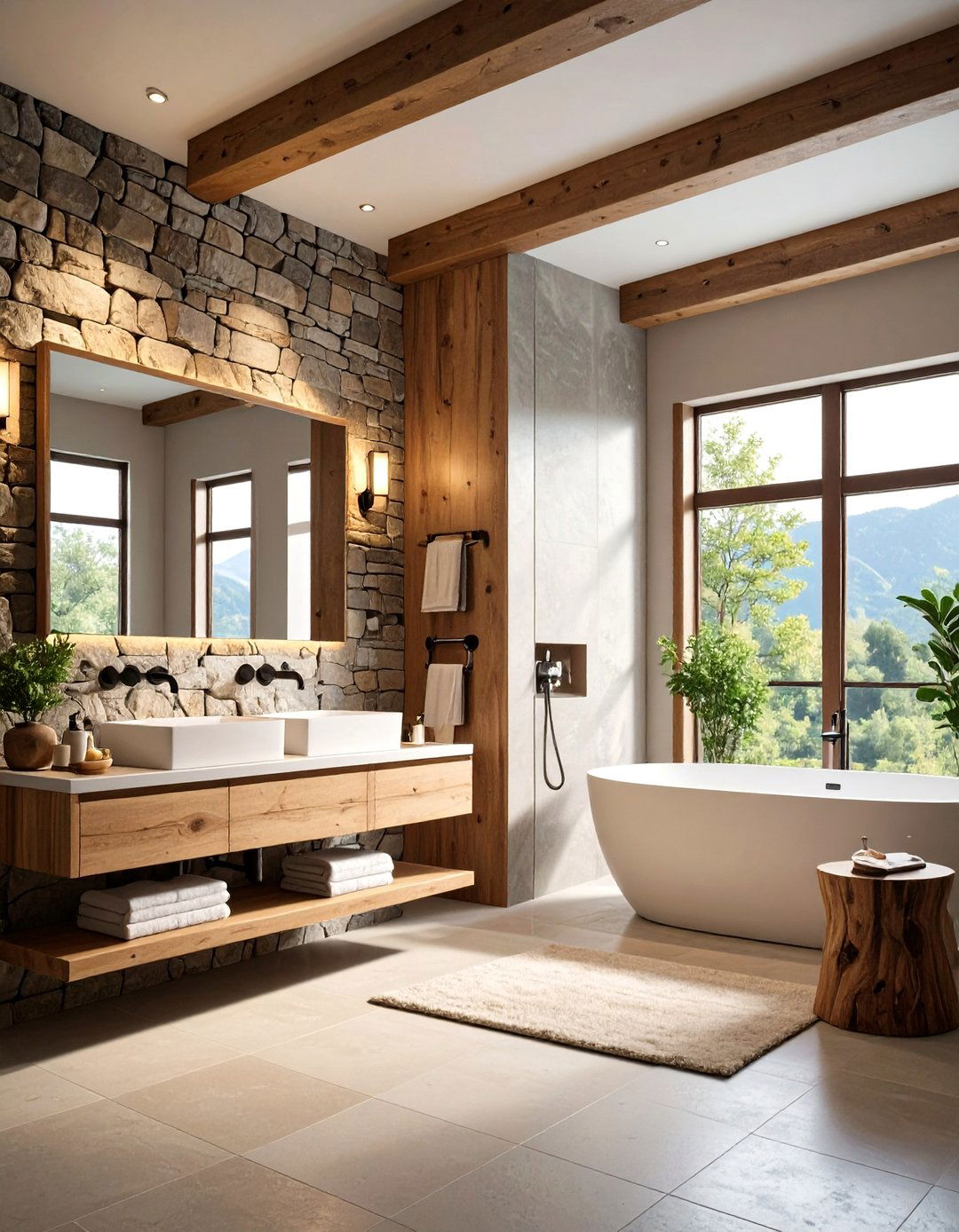 Stone Feature Wall Barndominium Bathroom with Natural Texture - 24 Barndominium Bathroom Ideas