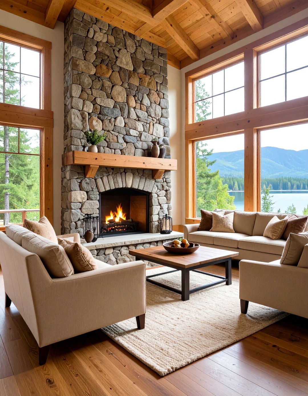 Stone Fireplace Centerpiece Design - 24 Lake House Decorating Ideas