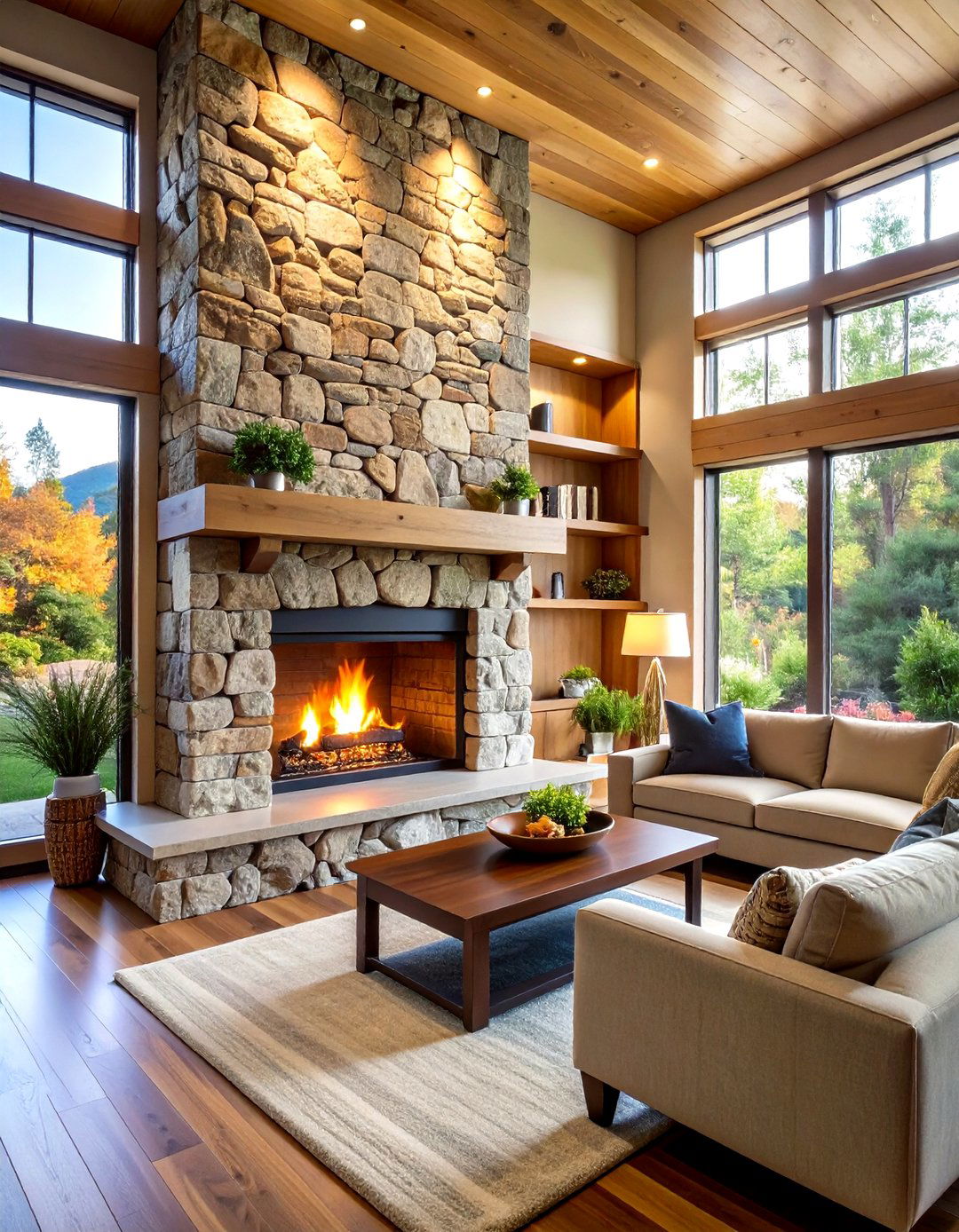 Stone Fireplace Feature Wall Design - 24 Cabin Decor Ideas