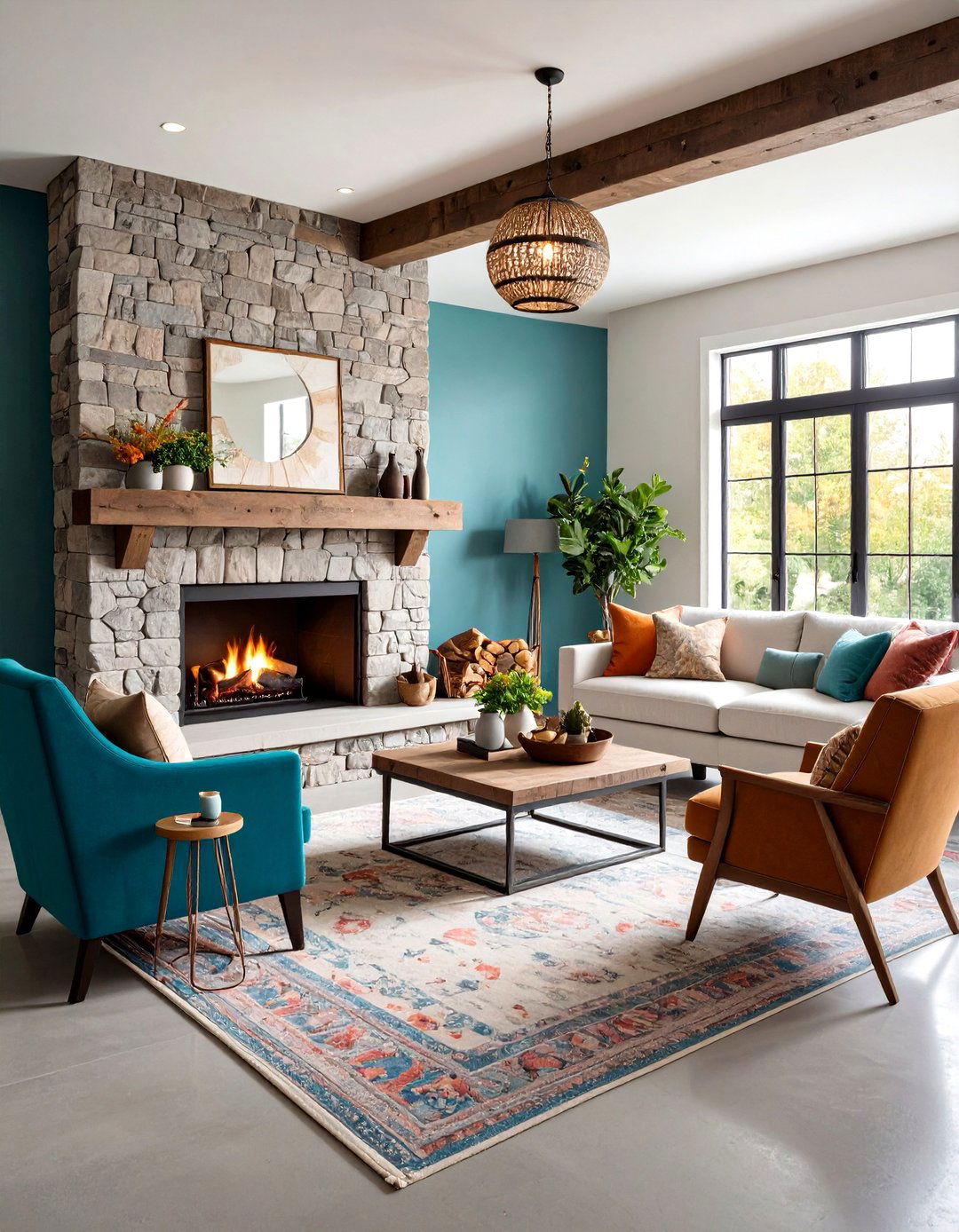 Stone Fireplace Focal Point Design - 24 Rustic Concrete Floor Living Room Ideas