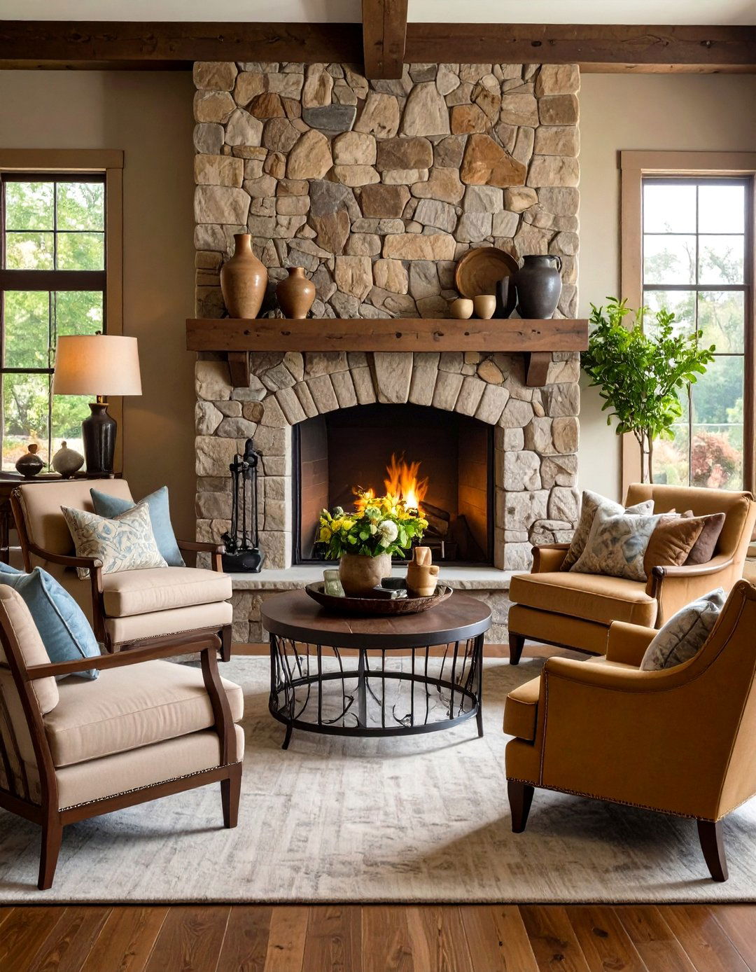 Stone Fireplace Focal Point Design - 24 Mediterranean Living Room Ideas