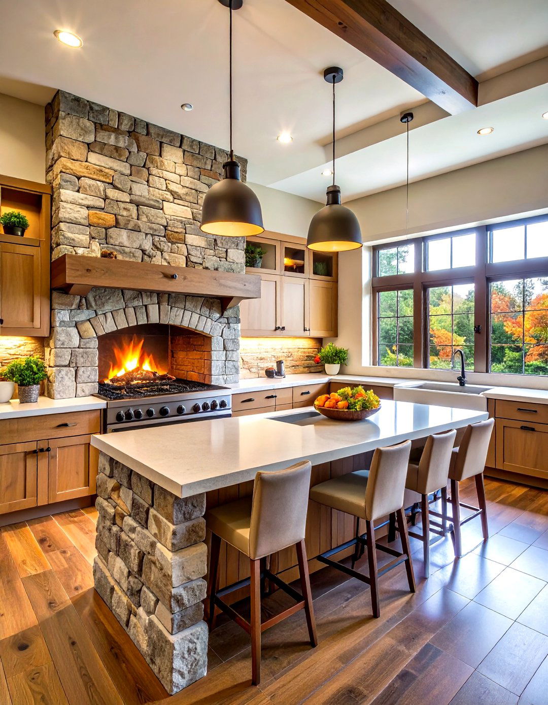 Stone Fireplace Kitchen Design - 24 Mediterranean Kitchen Ideas