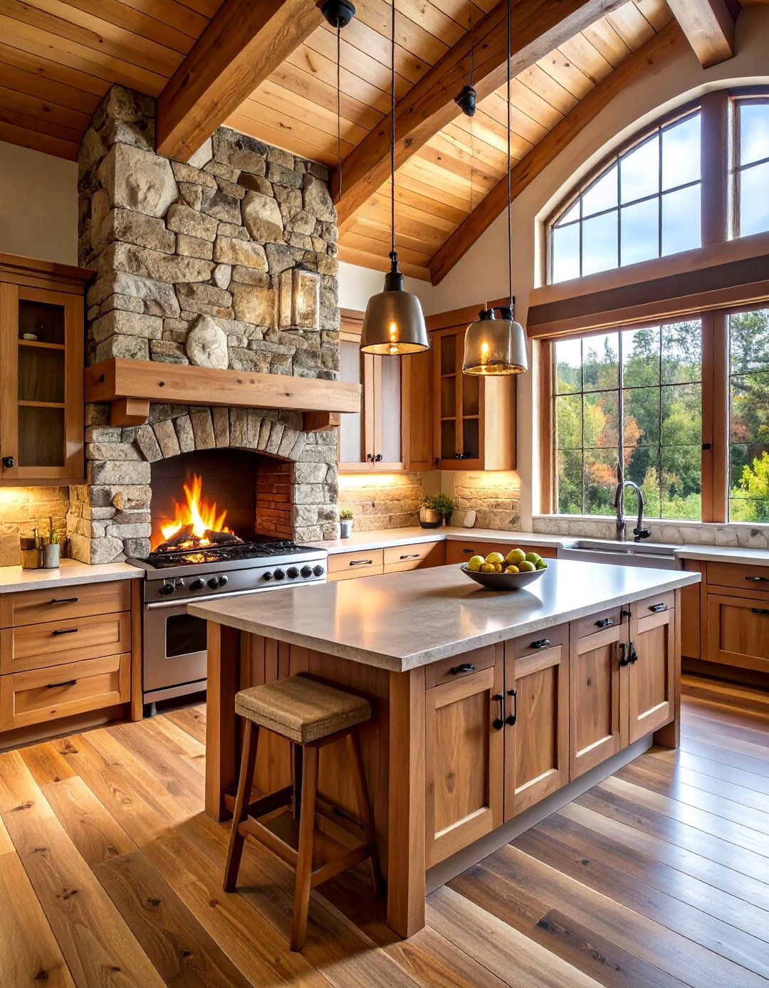Stone Fireplace Kitchen Integration