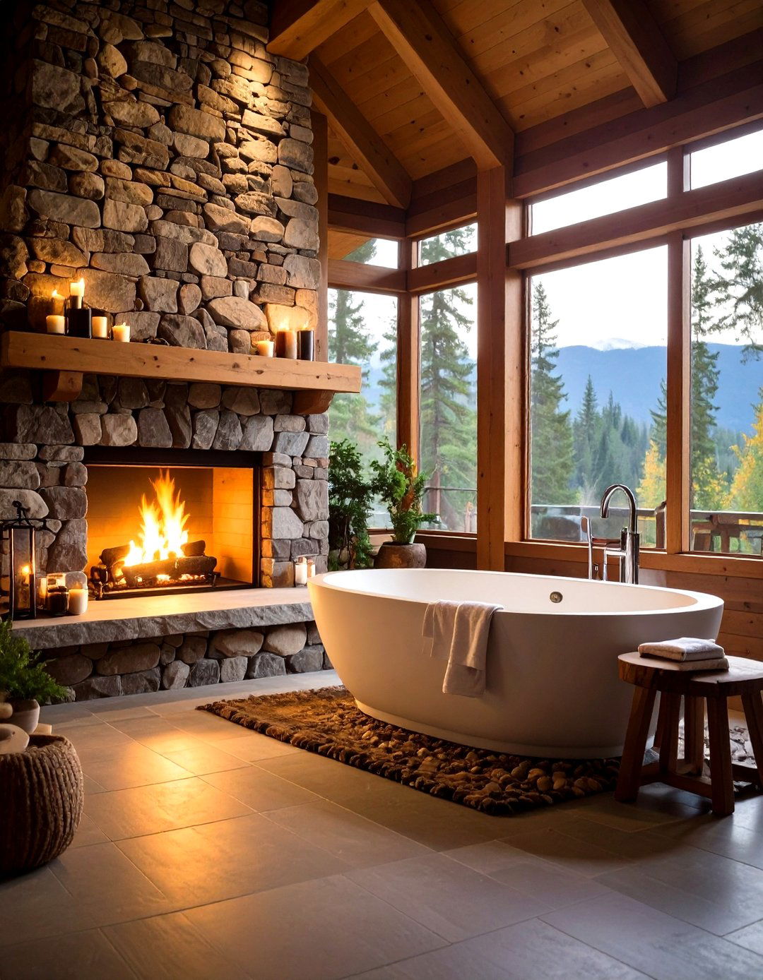 Stone Fireplace Luxury Bathroom - 24 Log Cabin Bathroom Ideas