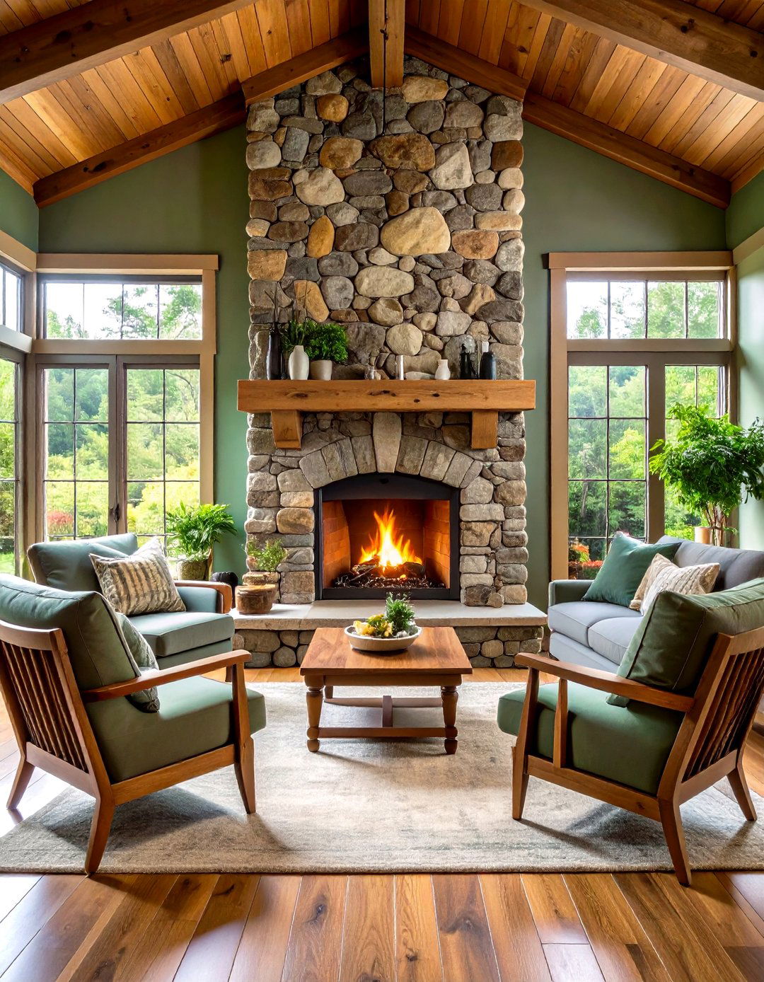 Stone Fireplace Surrounds in Sage Green Rooms - 24 Rustic Sage Green Living Room Ideas