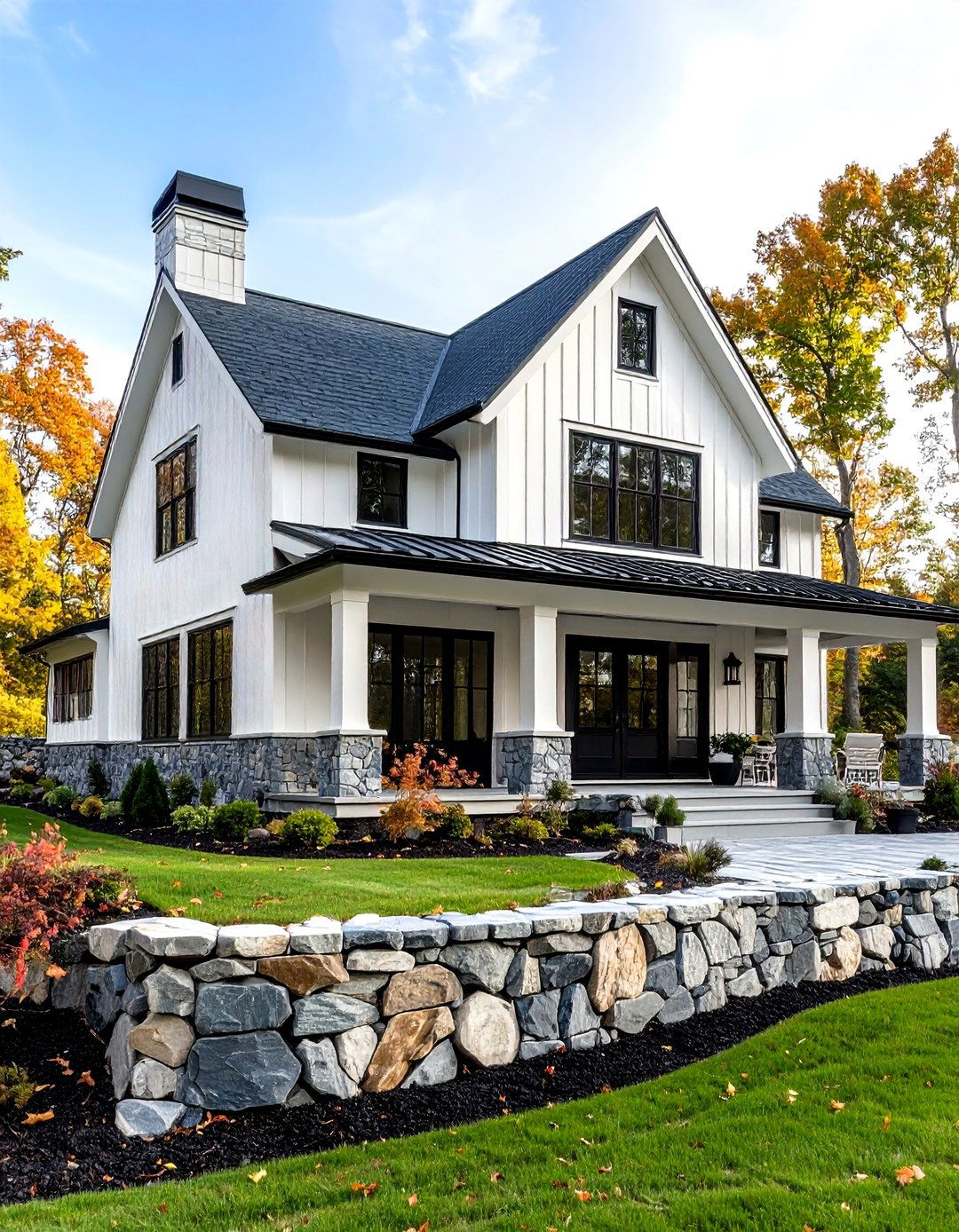 Stone Foundation Base Design - 24 White Farmhouse With Black Windows Ideas