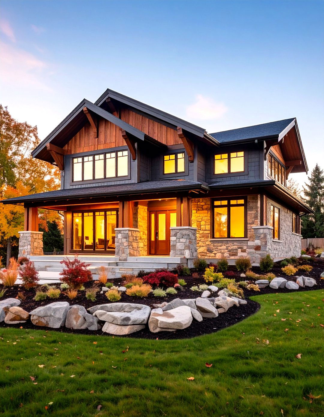 Stone Foundation Mixed Material Design - 24 Craftsman Style House Exterior Ideas