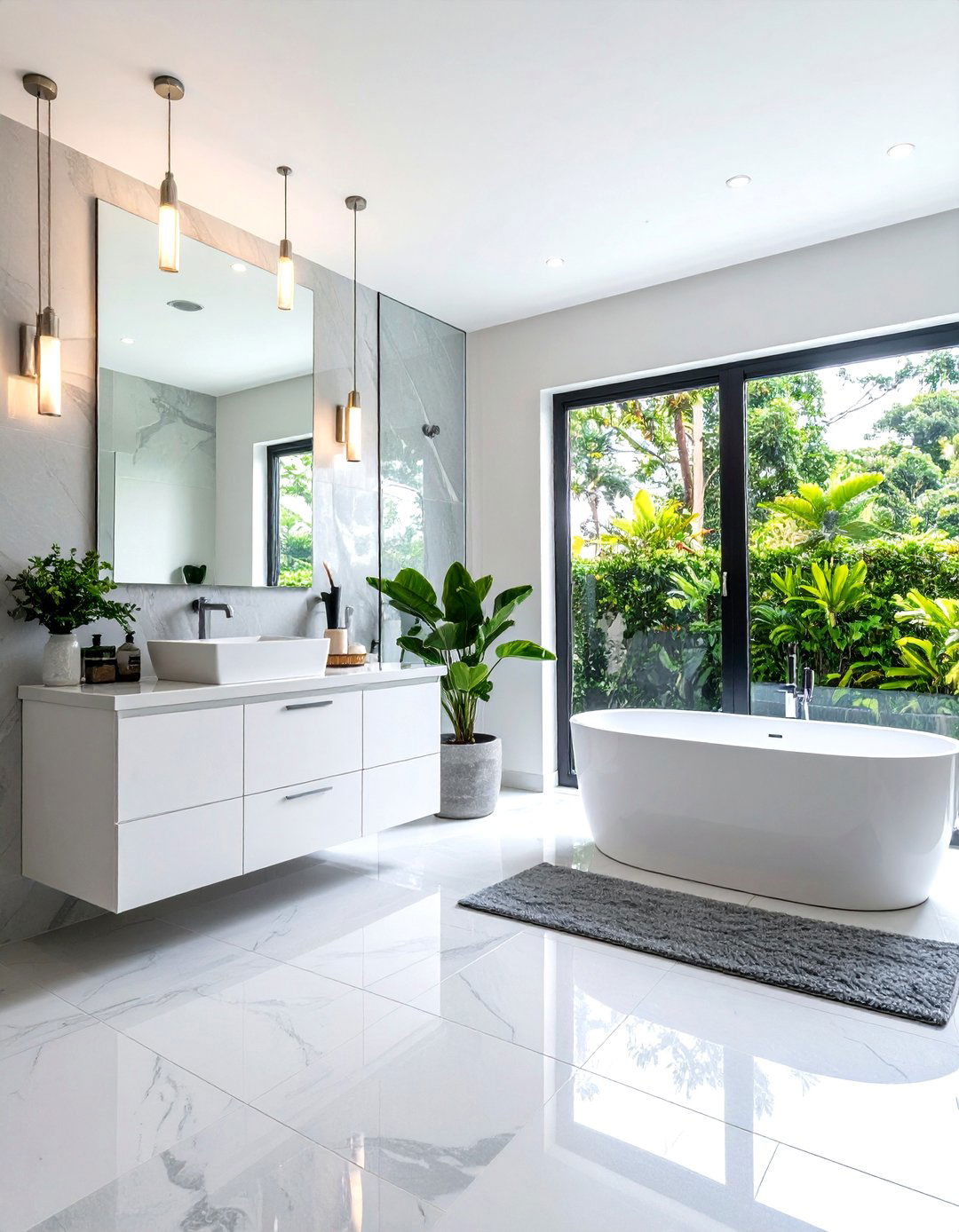 Stone Look Porcelain with White Cabinetry - 24 Grey and White Bathroom Ideas
