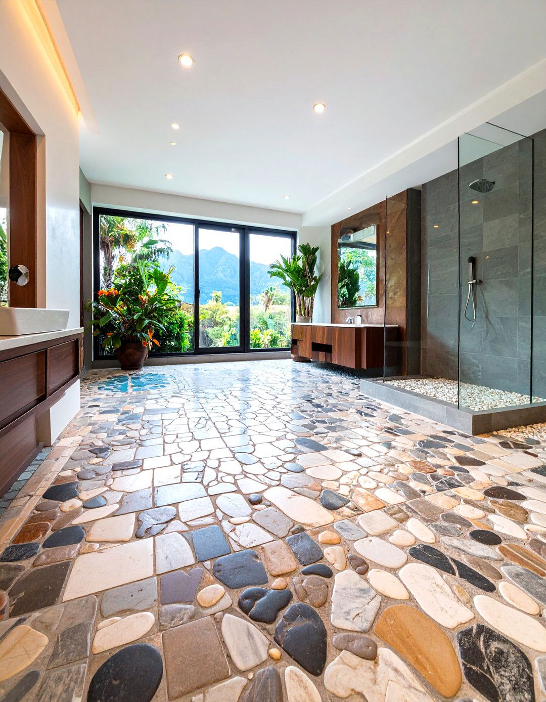 Stone Mosaic Floor Patterns - 24 Rustic Walk-in Shower Ideas