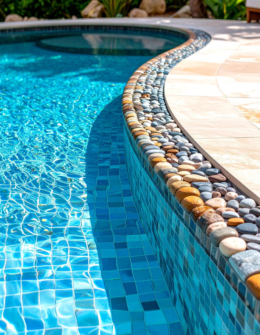 Stone Mosaic Pool Waterline with Natural Textures - 24 Waterline Pool Tile Ideas