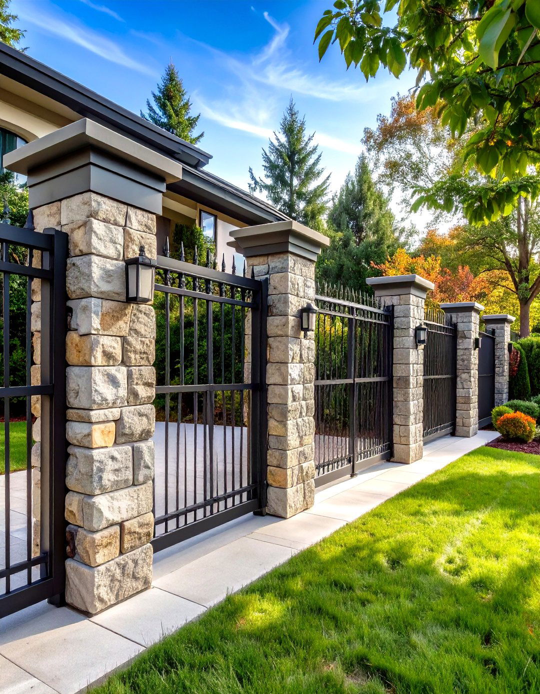Stone Pillar Front Yard Fence with Metal Panels - 24 Front Yard Fence Ideas